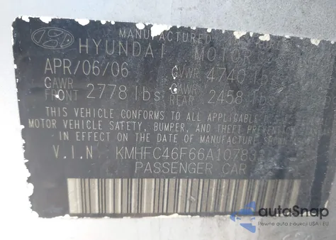 2006 Hyundai Azera Limited/Se z USA, uszkodzony, nr VIN KMHFC46F66A107833